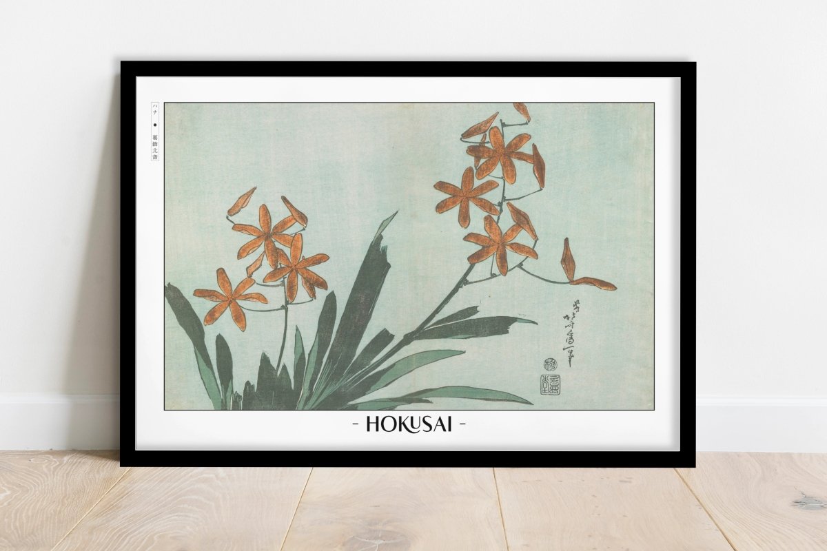Hokusai - Orange Orchids - Artist Name - Black Frame