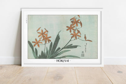 Hokusai - Orange Orchids - Artist Name - White Frame
