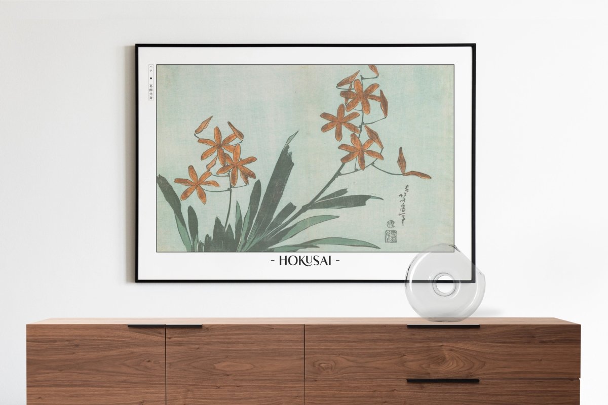Hokusai - Orange Orchids - Artist Name with Decor
