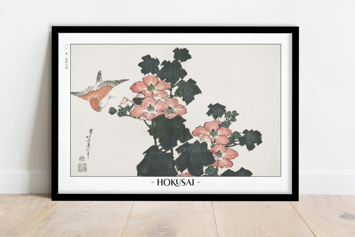 Hokusai - Hibiscus & Swallow - Artist Name - Black Frame