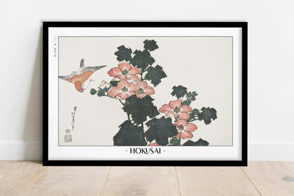 Hokusai - Hibiscus & Swallow - Artist Name - Black Frame