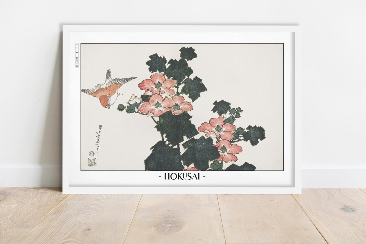 Hokusai - Hibiscus & Swallow - Artist Name - White Frame
