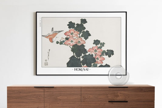 Hokusai - Hibiscus & Swallow - Artist Name with Decor