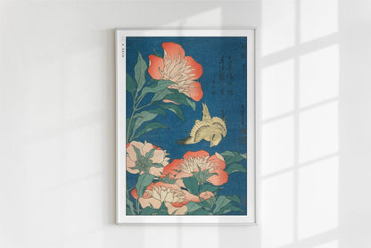 Hokusai - Peonies & Canary - Art Only - White Frame