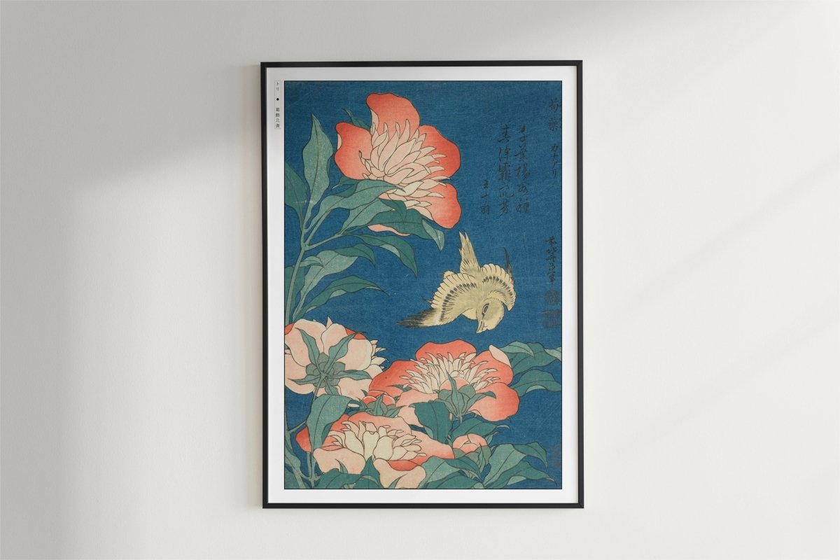 Hokusai - Peonies & Canary - Art Only - Black Frame