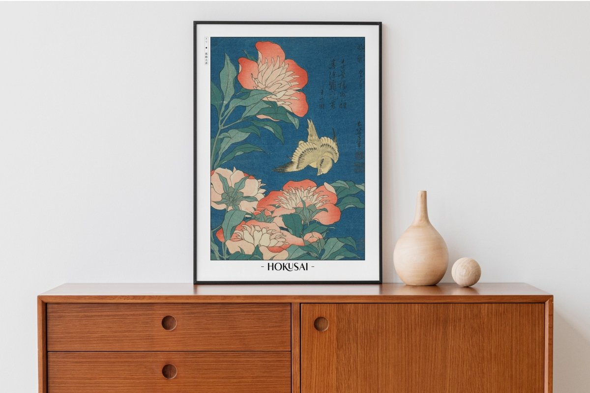 Hokusai - Peonies & Canary - Artist Name with Decor