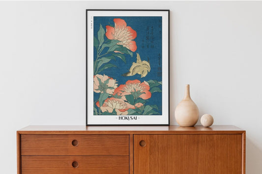 Hokusai - Peonies & Canary - Artist Name with Decor