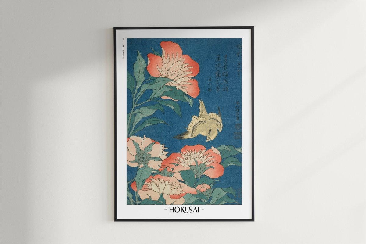 Hokusai - Peonies & Canary - Artist Name - Black Frame