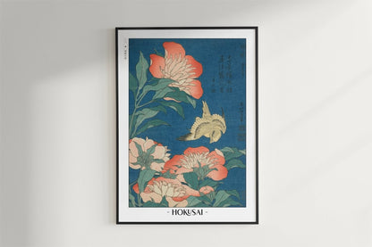 Hokusai - Peonies & Canary - Artist Name - Black Frame