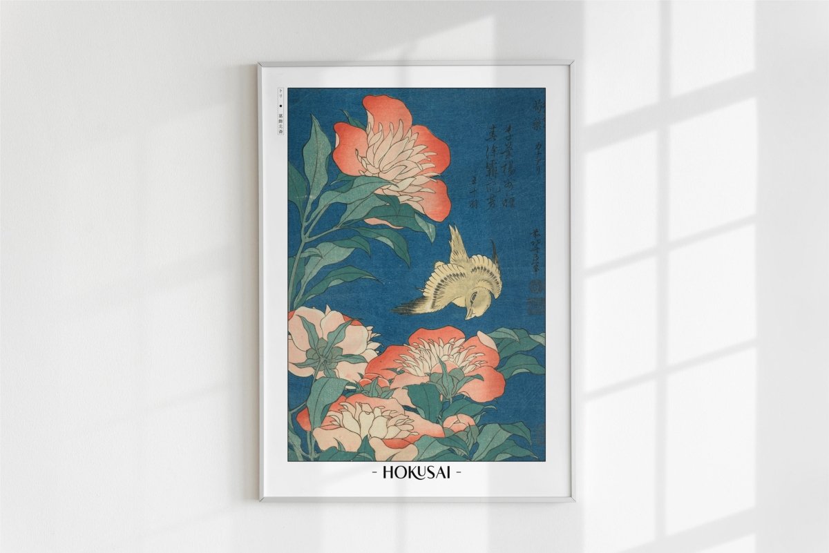 Hokusai - Peonies & Canary - Artist Name - White Frame