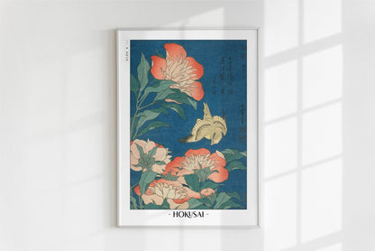 Hokusai - Peonies & Canary - Artist Name - White Frame