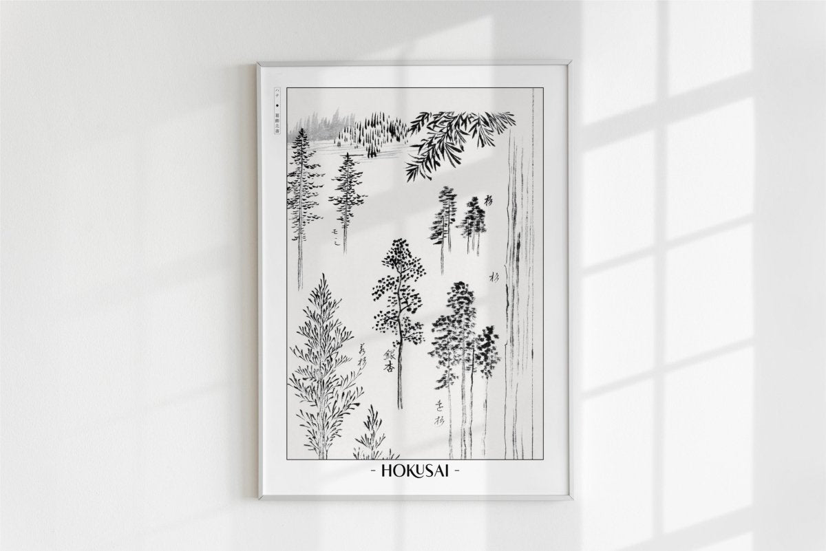 Hokusai - Pine Trees - Artist Name - White Frame