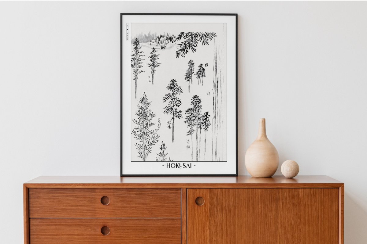 Hokusai - Pine Trees - Artist Name with Decor