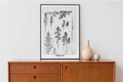Hokusai - Pine Trees - Artist Name with Decor