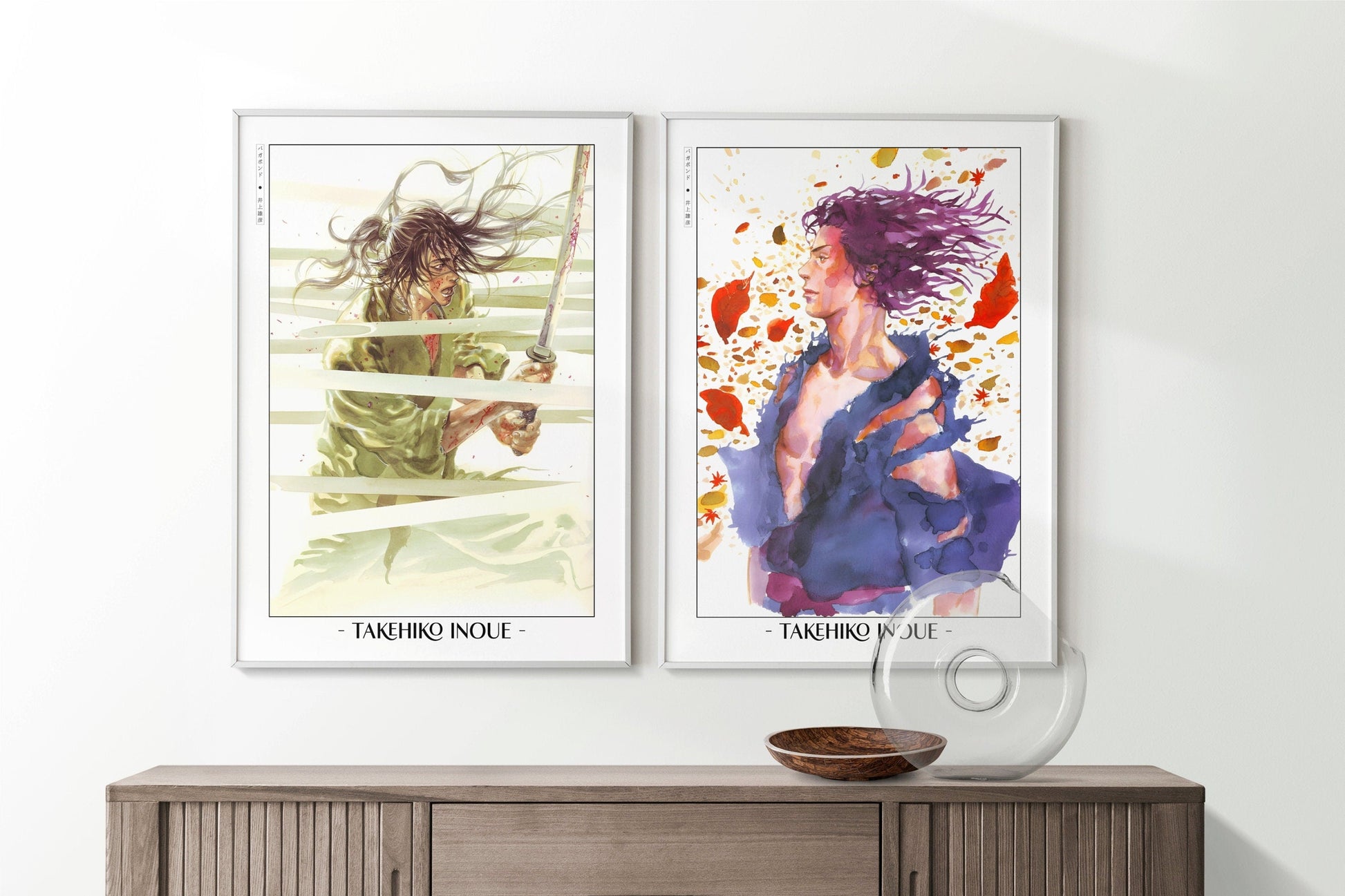 Add style to your space with the Set of 2 Vagabond Manga Wall Art. Featuring iconic characters like Miyamoto Musashi and Sasaki Kojiro, perfect for any room.