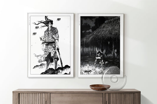 Add style to your space with the Set of 2 Vagabond Manga Wall Art. Featuring iconic characters like Miyamoto Musashi and Sasaki Kojiro, perfect for any room.