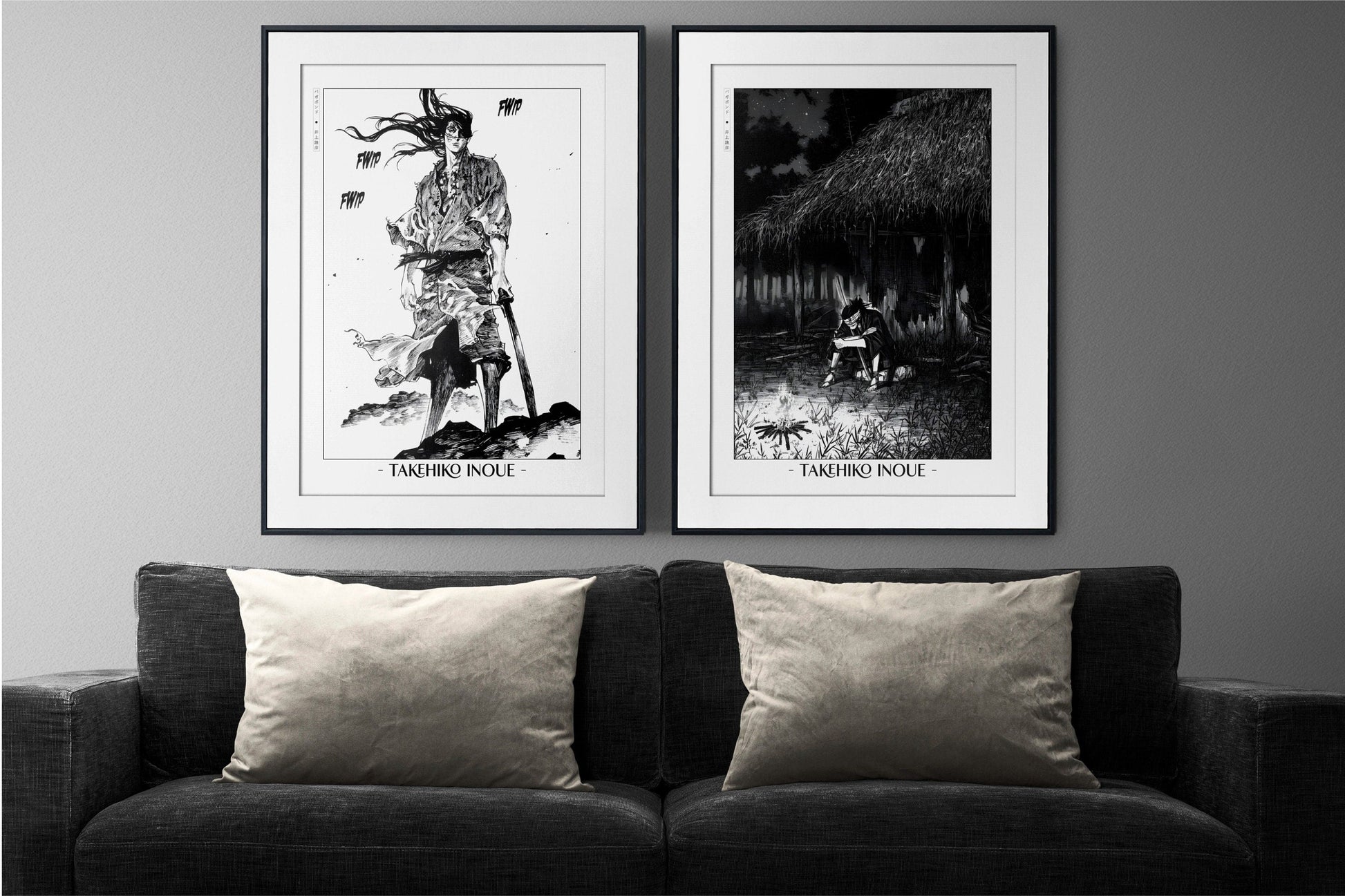 Add style to your space with the Set of 2 Vagabond Manga Wall Art. Featuring iconic characters like Miyamoto Musashi and Sasaki Kojiro, perfect for any room.