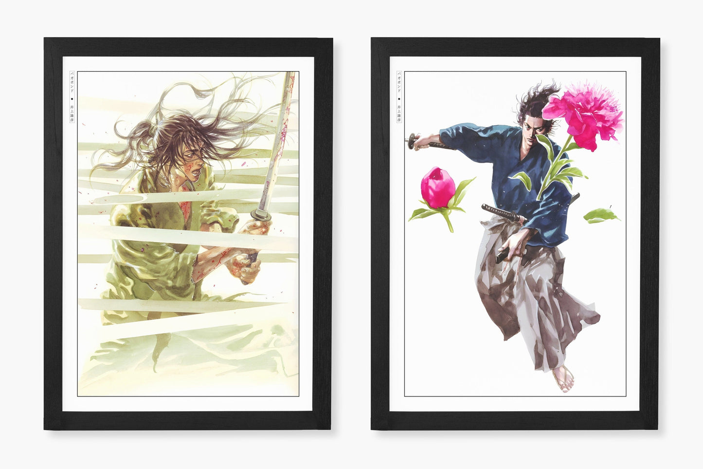 Add style to your space with the Set of 2 Vagabond Manga Wall Art. Featuring iconic characters like Miyamoto Musashi and Sasaki Kojiro, perfect for any room.