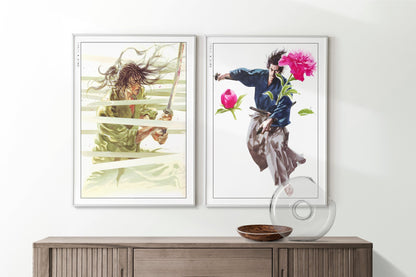 Add style to your space with the Set of 2 Vagabond Manga Wall Art. Featuring iconic characters like Miyamoto Musashi and Sasaki Kojiro, perfect for any room.