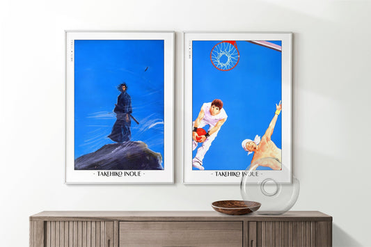 Add style to your space with the Set of 2 Vagabond Manga Wall Art. Featuring iconic characters like Miyamoto Musashi and Sasaki Kojiro, perfect for any room.