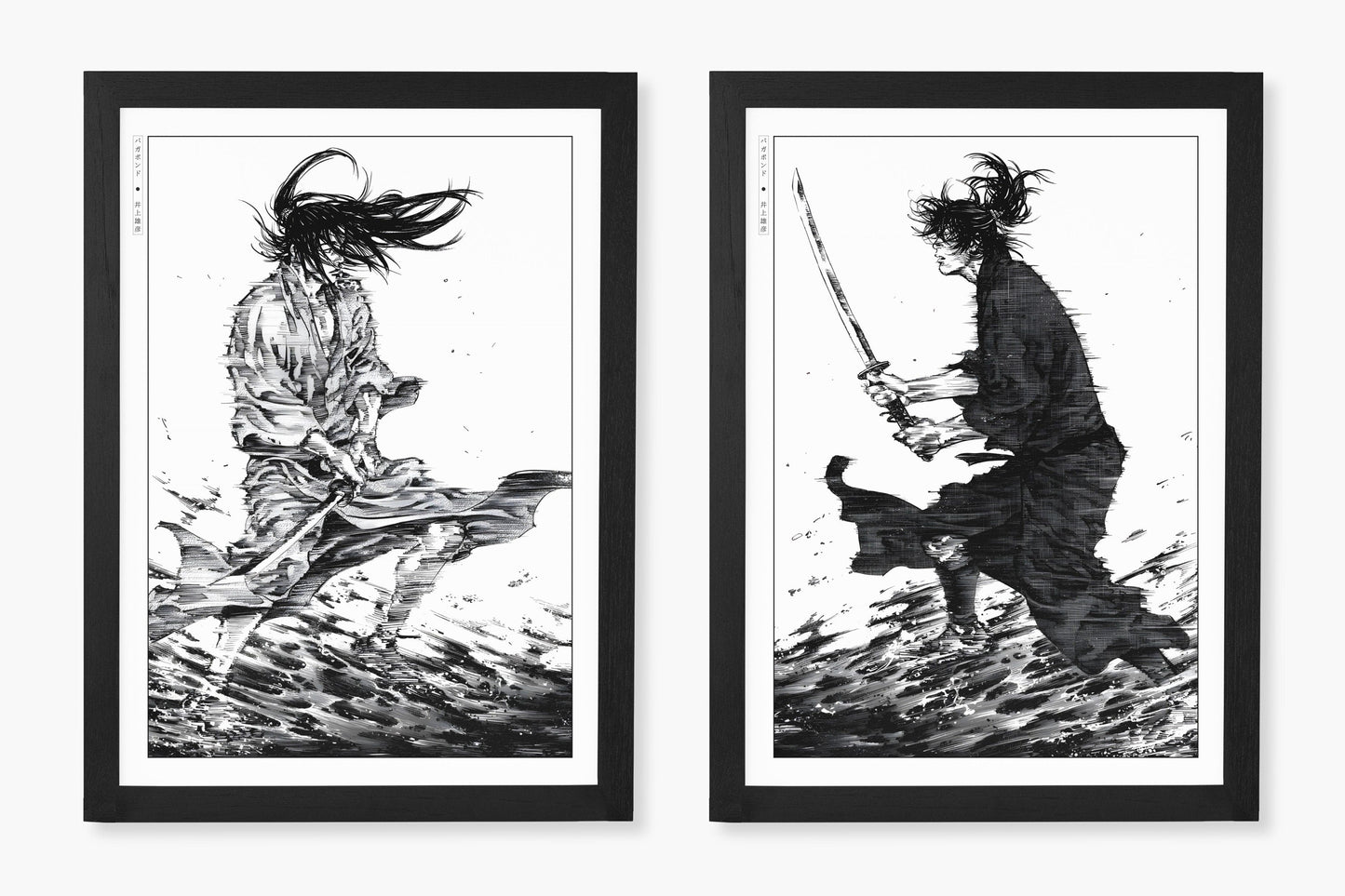 Add style to your space with the Set of 2 Vagabond Manga Wall Art. Featuring iconic characters like Miyamoto Musashi and Sasaki Kojiro, perfect for any room.