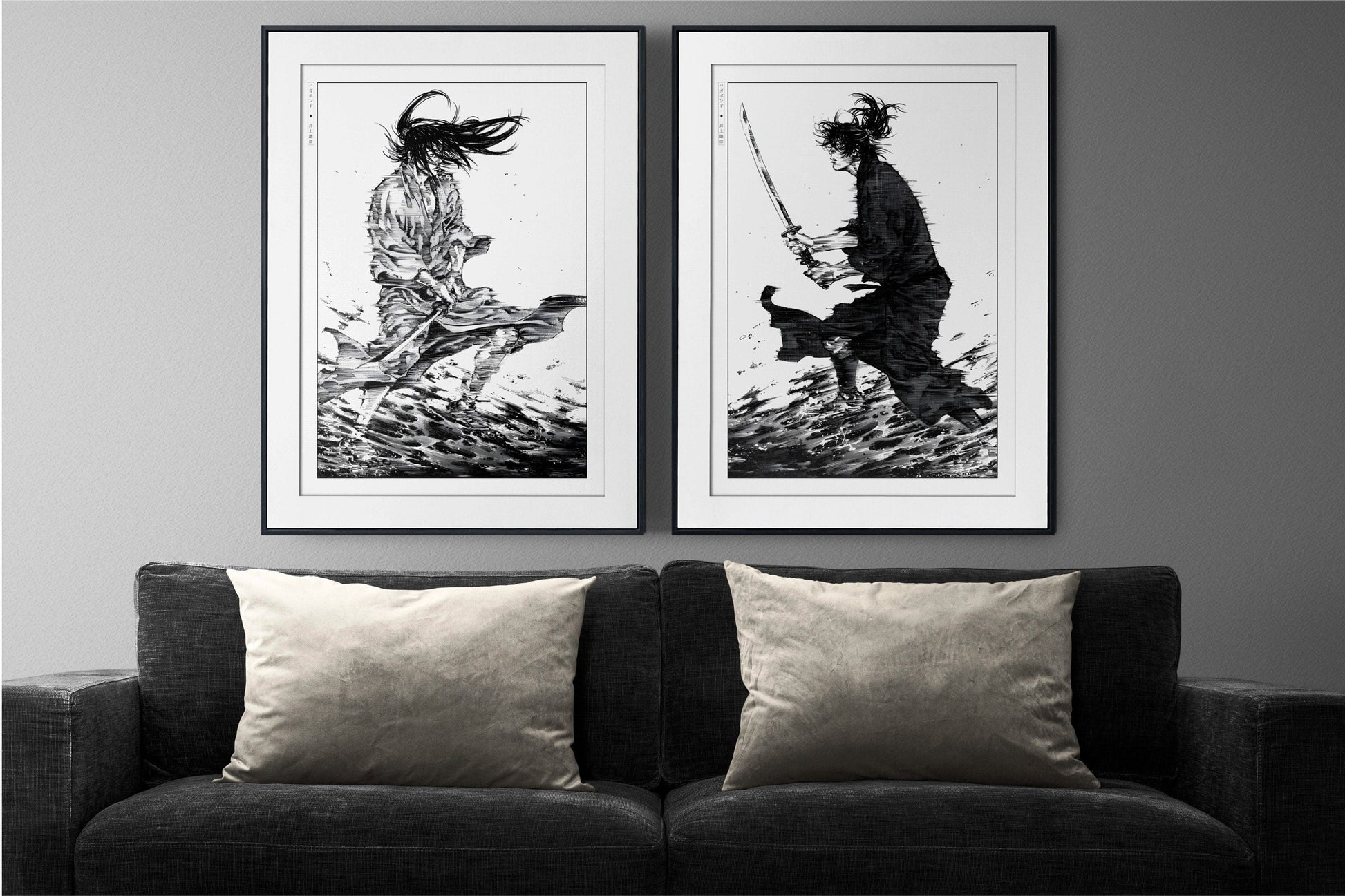 Add style to your space with the Set of 2 Vagabond Manga Wall Art. Featuring iconic characters like Miyamoto Musashi and Sasaki Kojiro, perfect for any room.