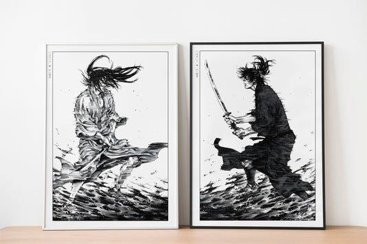 Add style to your space with the Set of 2 Vagabond Manga Wall Art. Featuring iconic characters like Miyamoto Musashi and Sasaki Kojiro, perfect for any room.