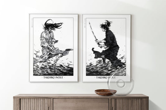 Add style to your space with the Set of 2 Vagabond Manga Wall Art. Featuring iconic characters like Miyamoto Musashi and Sasaki Kojiro, perfect for any room.