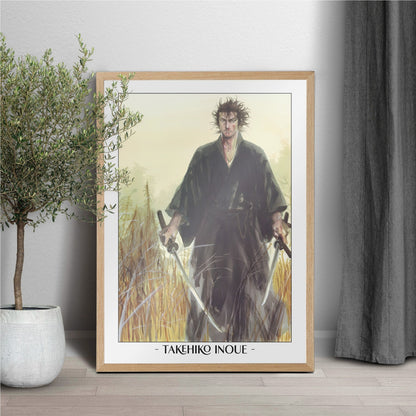 Explore Vagabond manga wall art by Takehiko Inoue. High-quality prints featuring legendary characters like Miyamoto Musashi and Sasaki Kojiro.