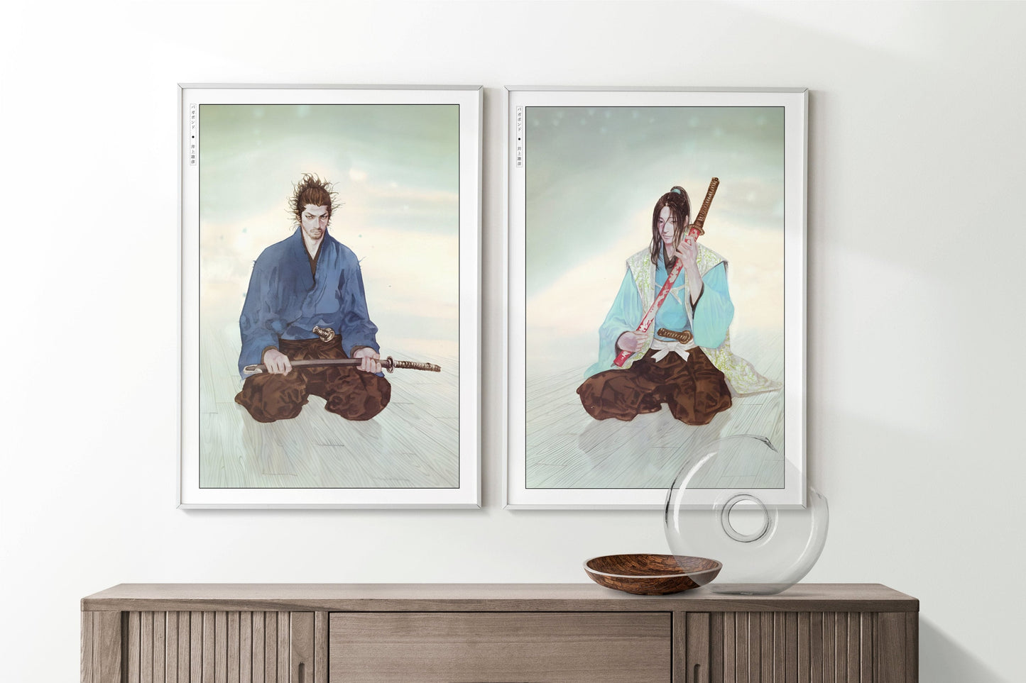 Add style to your space with the Set of 2 Vagabond Manga Wall Art. Featuring iconic characters like Miyamoto Musashi and Sasaki Kojiro, perfect for any room.