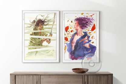 Add style to your space with the Set of 2 Vagabond Manga Wall Art. Featuring iconic characters like Miyamoto Musashi and Sasaki Kojiro, perfect for any room.