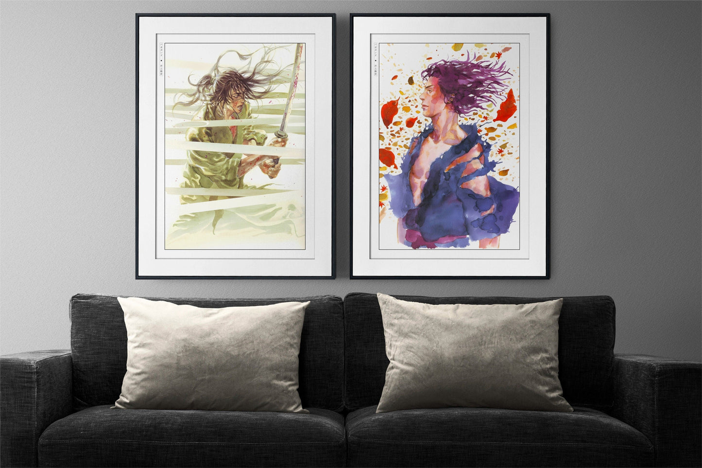 Add style to your space with the Set of 2 Vagabond Manga Wall Art. Featuring iconic characters like Miyamoto Musashi and Sasaki Kojiro, perfect for any room.