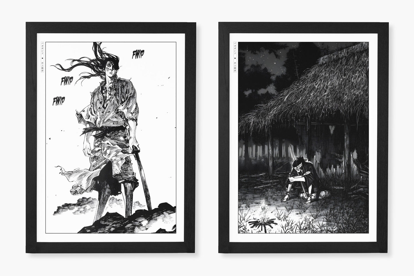 Add style to your space with the Set of 2 Vagabond Manga Wall Art. Featuring iconic characters like Miyamoto Musashi and Sasaki Kojiro, perfect for any room.