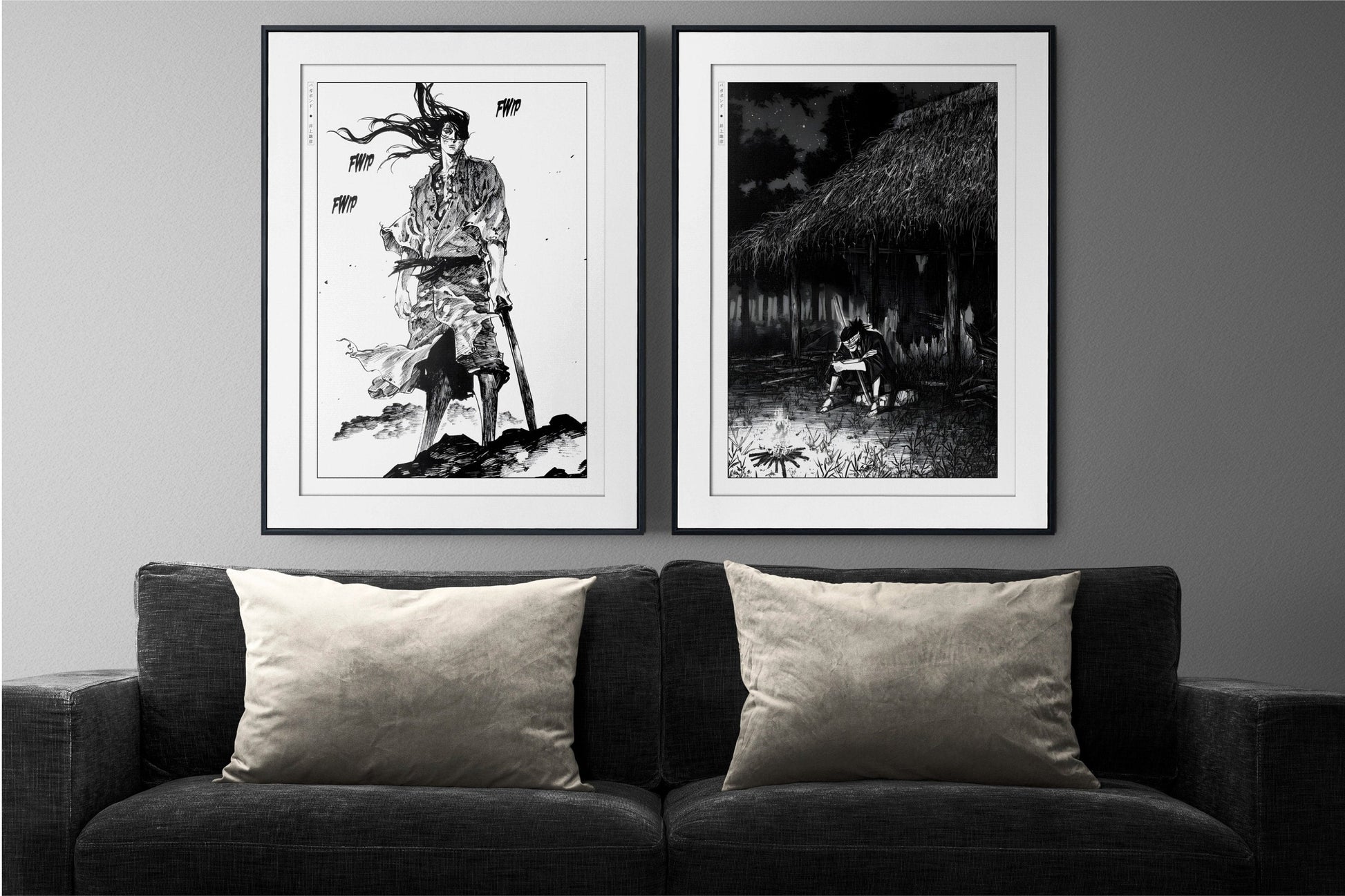 Add style to your space with the Set of 2 Vagabond Manga Wall Art. Featuring iconic characters like Miyamoto Musashi and Sasaki Kojiro, perfect for any room.