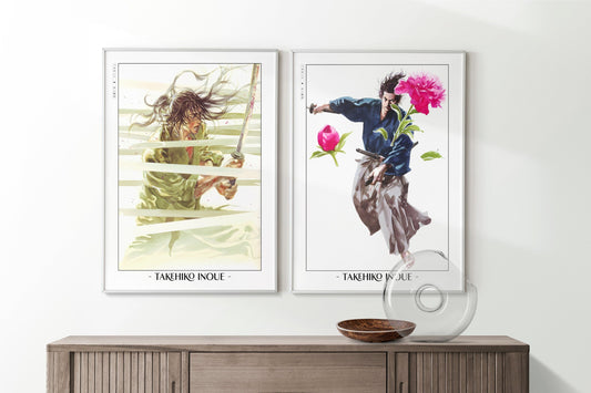 Add style to your space with the Set of 2 Vagabond Manga Wall Art. Featuring iconic characters like Miyamoto Musashi and Sasaki Kojiro, perfect for any room.