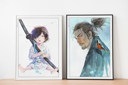 Add style to your space with the Set of 2 Vagabond Manga Wall Art. Featuring iconic characters like Miyamoto Musashi and Sasaki Kojiro, perfect for any room.