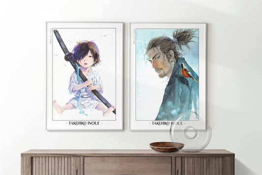 Add style to your space with the Set of 2 Vagabond Manga Wall Art. Featuring iconic characters like Miyamoto Musashi and Sasaki Kojiro, perfect for any room.