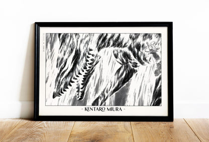 Honor Kentaro MiuraÕs legacy with this Berserk manga art print. Bring the intensity and intricate artistry of his work into your home with this striking print.