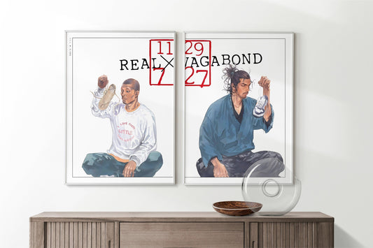 Add style to your space with the Set of 2 Vagabond Manga Wall Art. Featuring iconic characters like Miyamoto Musashi and Sasaki Kojiro, perfect for any room.