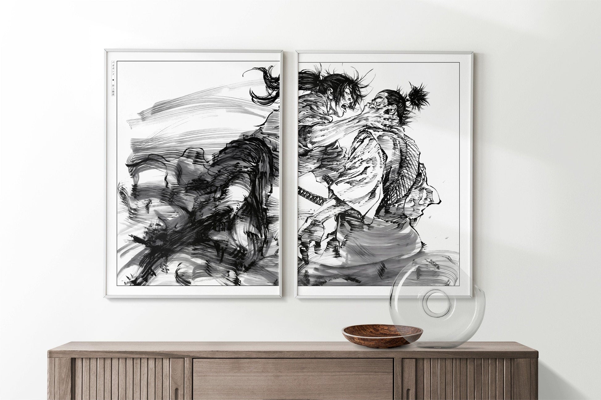 Add style to your space with the Set of 2 Vagabond Manga Wall Art. Featuring iconic characters like Miyamoto Musashi and Sasaki Kojiro, perfect for any room.