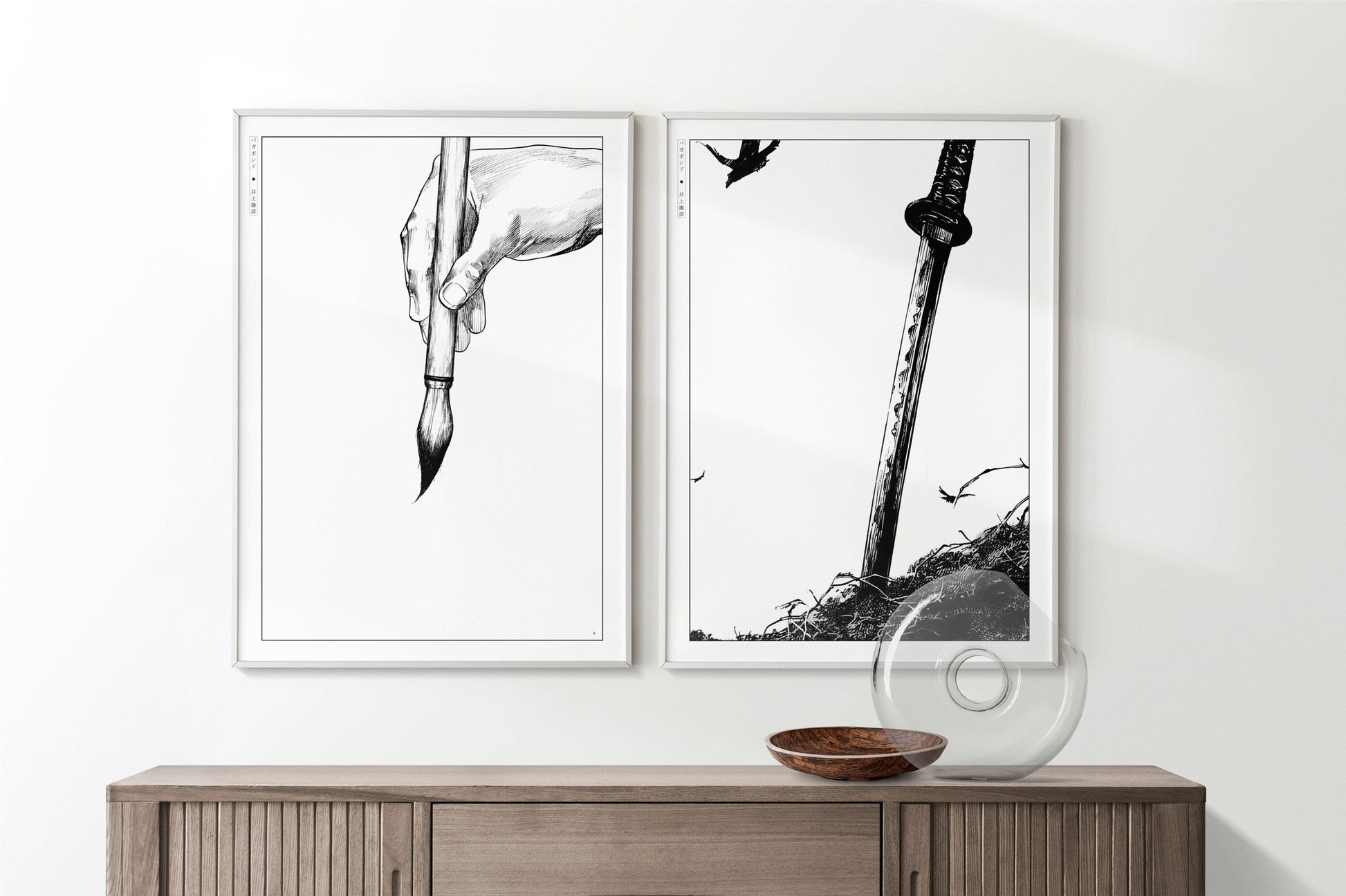 Add style to your space with the Set of 2 Vagabond Manga Wall Art. Featuring iconic characters like Miyamoto Musashi and Sasaki Kojiro, perfect for any room.