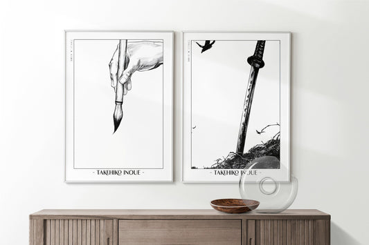 Add style to your space with the Set of 2 Vagabond Manga Wall Art. Featuring iconic characters like Miyamoto Musashi and Sasaki Kojiro, perfect for any room.