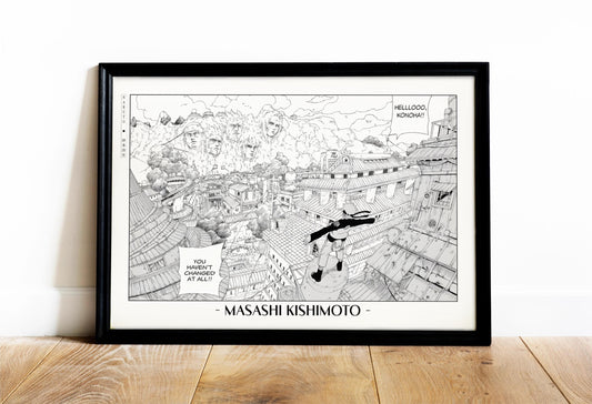 Experience the vibrant world of ninjas with this stunning manga wall art, showcasing the artistry of Masashi Kishimoto. Purchase online with Eastern Archivals.