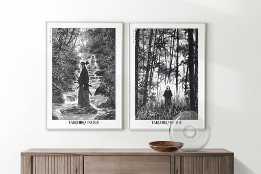 Add style to your space with the Set of 2 Vagabond Manga Wall Art. Featuring iconic characters like Miyamoto Musashi and Sasaki Kojiro, perfect for any room.