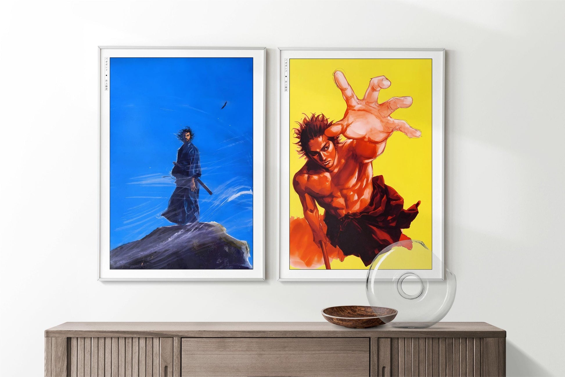 Add style to your space with the Set of 2 Vagabond Manga Wall Art. Featuring iconic characters like Miyamoto Musashi and Sasaki Kojiro, perfect for any room.