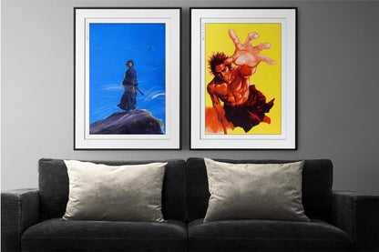 Add style to your space with the Set of 2 Vagabond Manga Wall Art. Featuring iconic characters like Miyamoto Musashi and Sasaki Kojiro, perfect for any room.