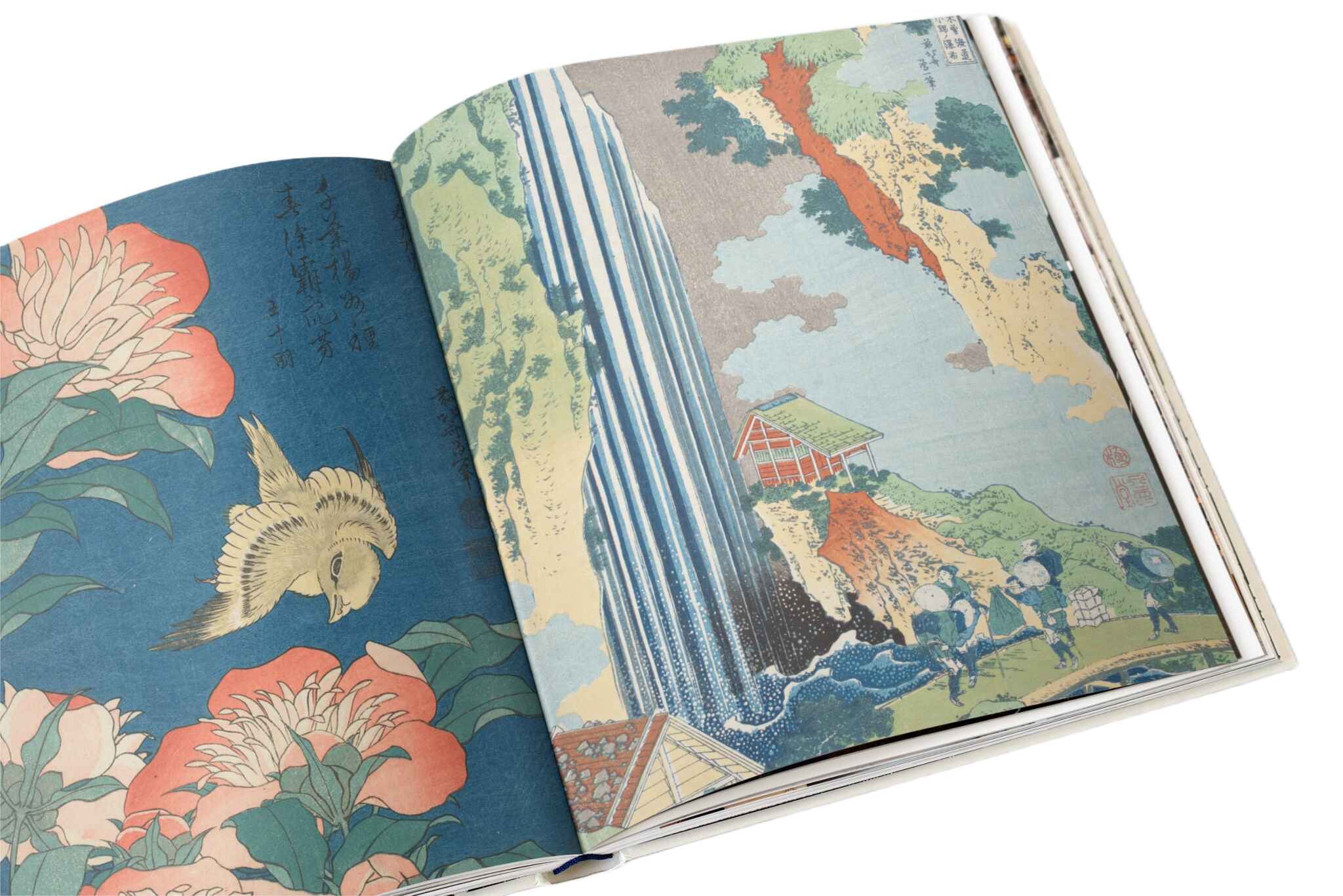 Katsushika Hokusai Japanese art print featuring ukiyo-e waterfall landscape with Mount Fuji and traditional Edo period travellers