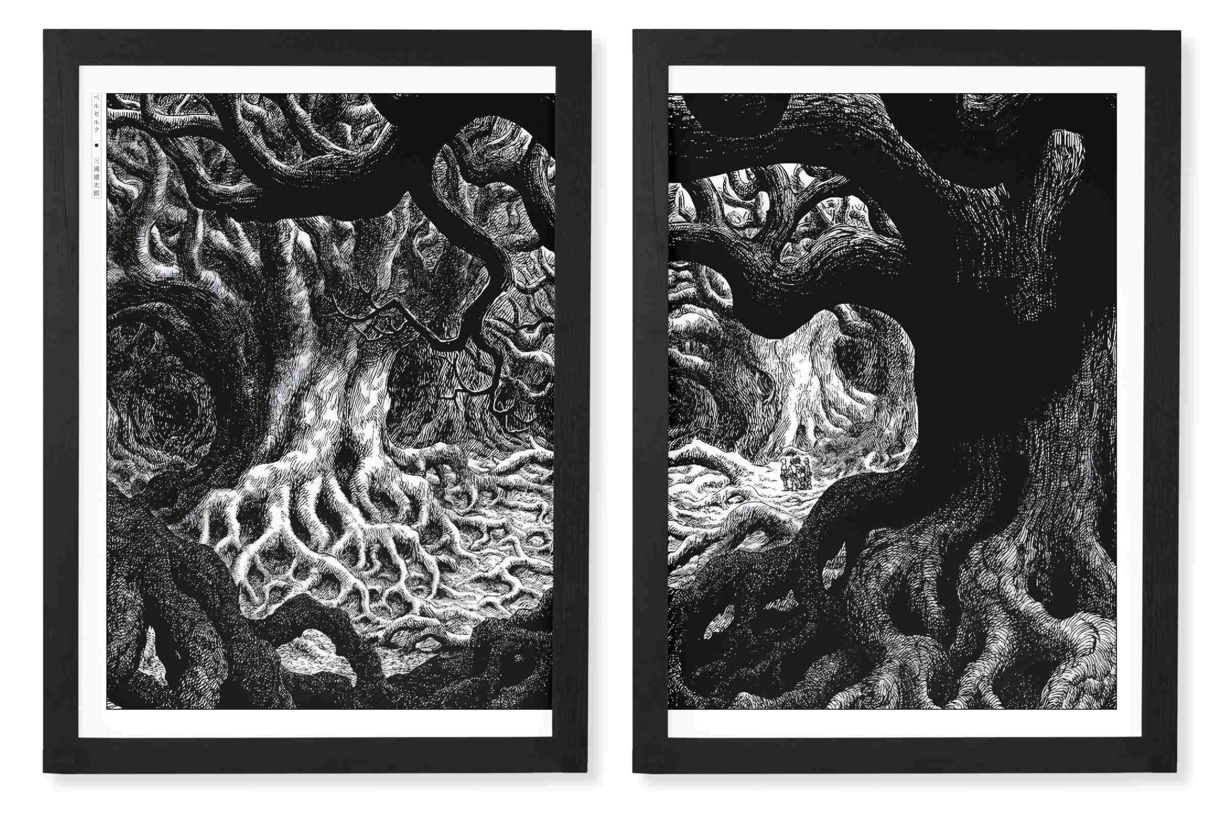 Framed black and white manga art print