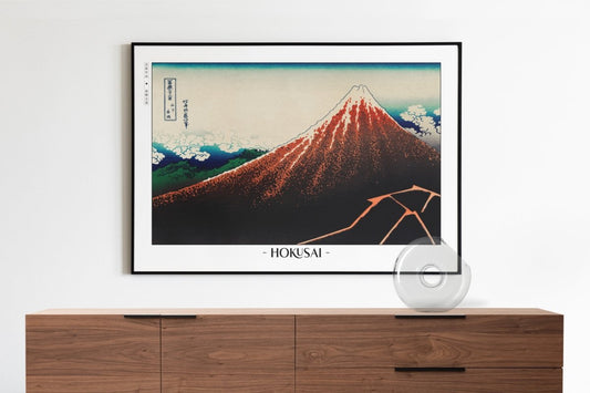 Hokusai - Storm Below Mount Fuji - Artist Name with Decor