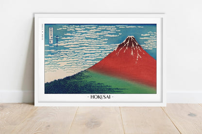 Hokusai - Red Fuji - Artist Name - White Frame